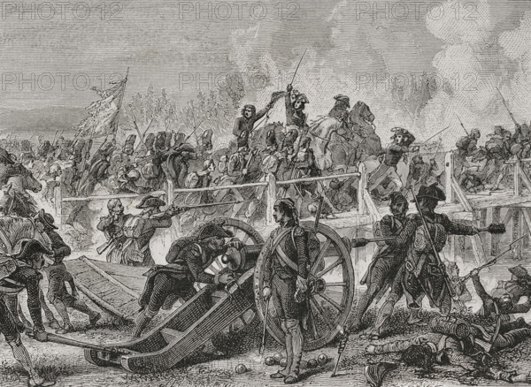 Napoleonic Wars. War of the First Coalition (1792-1797). Battle of Lodi (10 May 1796). It faced the army led by Napoleon Bonaparte against the coalition troops commanded by General Sebottendorf. Napoleon won a victory that allowed him to conquer the bridge of Lodi, on the banks of the Adda River. Lodi bridge crossing. Drawing by Philippoteaux. Engraving. ""History of the French Revolution"". Volume I, part 2, 1879.