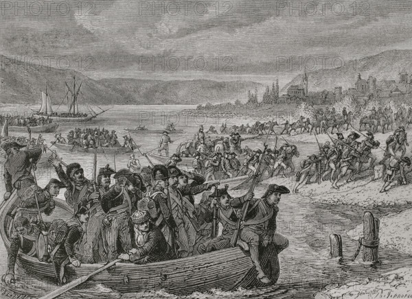 French Revolutionary Wars. French offensive on the Rhine, 1796. The main body of the French army of General Jean-Baptiste Jourdan (1762-1833) crossed the Rhine on 10 June at Neuwied to join the army of General Kleber (1753-1800). Crossing the Rhine at Neuwied. Engraving by Quesnel. ""History of the French Revolution"". Volume I, part 2, 1879.