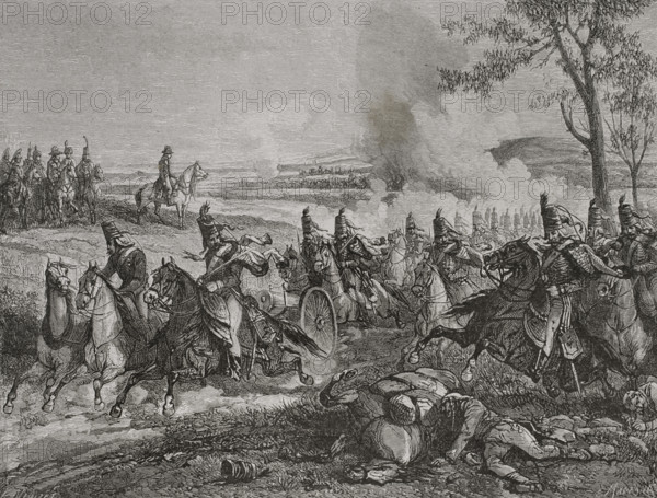 French Revolutionary Wars. War of the First Coalition (1792-1797). Italian campaigns. Battle of Castiglione (5 August 1796). The French army of Italy under General Napoleon Bonaparte defeated an Austrian army led by Feldmarschall Dagobert Sigmund von Wurmser (1724-1794), being forced to retreat to Mantua. Drawing by E. Viollat. Engraving by C. Maurand. ""History of the French Revolution"". Volume I, part 2, 1879.