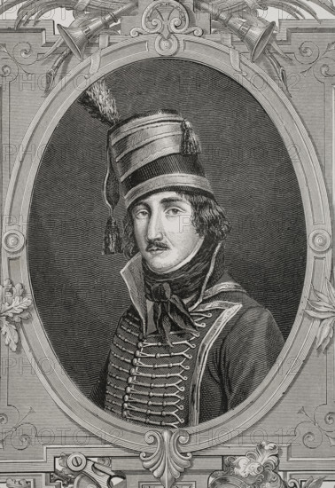 Francois Severin Marceau (Francois Severin Marceau-Desgraviers) (1769-1796). French general of the Revolutionary Wars. Portrait. Engraving. ""History of the French Revolution"". Volume I, part 2, 1879.