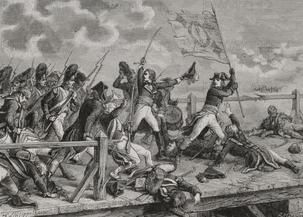 French Revolutionary Wars. War of the First Coalition (1792-1797). Italian campaigns (1796-1797). Battle of Arcole (15-17 November 1796). French Army of Italy led by the young General Napoleon Bonaparte, defeated the Austrian army under Field Marshal Jozsef Alvinczi (1735-1810). Napoleon Bonaparte leading his troops over the bridge of Arcole. Drawing by Philippoteaux. Engraving by Quesnel. ""History of the French Revolution"". Volume I, part 2, 1879.