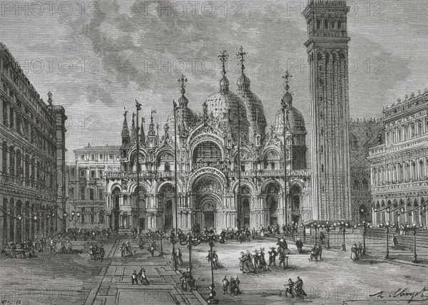 Italy. Venice. St Mark's Square. Engraving by Tauxier, 1879.