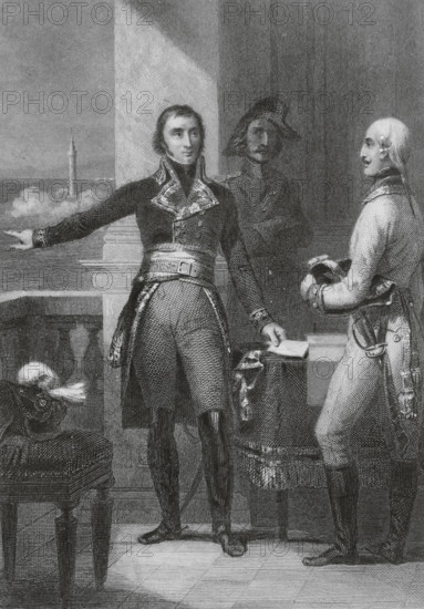 Andre Massena (1758-1817). French military officer. Appointed Marshal of the Empire by Napoleon in 1804. Massena at the Siege of Genoa (6 April to 4 June 1800), negotiating with an Austrian officer. Portrait. Drawing by Eugene Charpentier. Engraving by Geoffroy. ""Histoire du Consulat et de l'Empire"" (History of the Consulate and the Empire of France under Napoleon), by A. Thiers. Volume I. Published in Paris, 1845.
