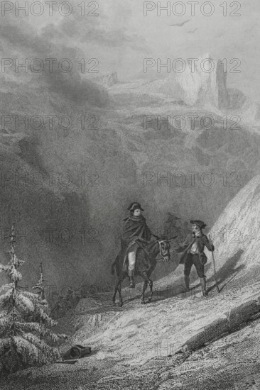 Napoleon Bonaparte (1769-1821). French military and political leader. As Napoleon I, he was Emperor of France (1804-1815). ""Napoleon crosses the Saint Bernard Pass"". Napoleon is depicted leading the heroic artillery transport along the snowy Alpine paths of the Great St Bernard Pass, in very difficult conditions for the soldiers, who had to drag the heavy cannons exhausted and very cold. Bonaparte's army crossed the Alps by surprise in 1800, heading for Italy to confront the Austrians. Drawing by Karl Girardet. Engraving by Outhwaite. ""Histoire du Consulat et de l'Empire"" (History of the Consulate and the Empire of France under Napoleon), by A. Thiers. Volume I. Published in Paris, 1845.