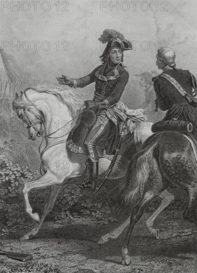 Louis Charles Antoine Desaix (1768-1800). French general. Desaix at Marengo, after coming to Napoleon's aid at the Battle of Marengo (14 June 1800). He died in the course of said battle. Drawing by Karl Girardet. Engraving by Revel. ""Histoire du Consulat et de l'Empire"" (History of the Consulate and the Empire of France under Napoleon), by A. Thiers. Volume I. Published in Paris, 1845.