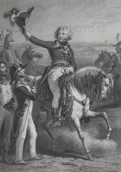 Jean-Baptiste Kleber (1753-1800). French general. He took part in the Egyptian campaign. Kleber at the Battle of Heliopolis, 20 March 1800. Drawing by Eugene Charpentier. Engraving by Vallot. ""Histoire du Consulat et de l'Empire"" (History of the Consulate and the Empire of France under Napoleon), by A. Thiers. Volume II. Published in Paris, 1847.