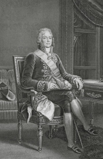 Charles Maurice de Talleyrand (Charles-Maurice de Talleyrand-Perigord) (1754-1838), Prince of Talleyrand. French secularized clergyman, statesman, and diplomat. Ordained a priest in 1779, he was appointed Bishop of Autun in 1788. During the French Revolution he adhered to the Civil Constitution of the Clergy (1790), renouncing the priesthood later to lead a secular life. Elected deputy for the clergy to the Estates General in 1789. President of the National Constituent Assembly (16-27 February 1790). French Ambassador to the United Kingdom (1792-1793). Portrait. Engraving by Goutiere. ""Histoire du Consulat et de l'Empire"" (History of the Consulate and the Empire of France under Napoleon), by A. Thiers. Volume II. Published in Paris, 1847.