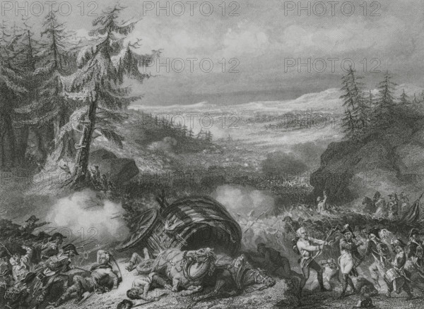 French Revolutionary Wars. Battle of Hohenlinden (3 December 1800). The French army, commanded by General Jean Victor Marie Moreau, defeated a combined Austrian and Bavarian force led by Archduke John of Austria (John of Habsburg-Lorraine). The defeat forced Austria to sign an armistice. Drawing by A. Sandoz. Engraving by John Outhwaite. ""Histoire du Consulat et de l'Empire"" (History of the Consulate and the Empire of France under Napoleon), by A. Thiers. Volume II. Published in Paris, 1847.