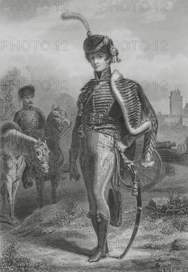 Gerard Duroc (Geraud Christophe Michel du Roc) (1772-1813). French general. Portrait of Duroc as commander of artillery of the Consular Guard (Garde Consulaire). Drawing by Eugene Charpentier. Engraving by Audibran. ""Histoire du Consulat et de l'Empire"" (History of the Consulate and the Empire of France under Napoleon), by A. Thiers. Volume III. Published in Paris, 1845.