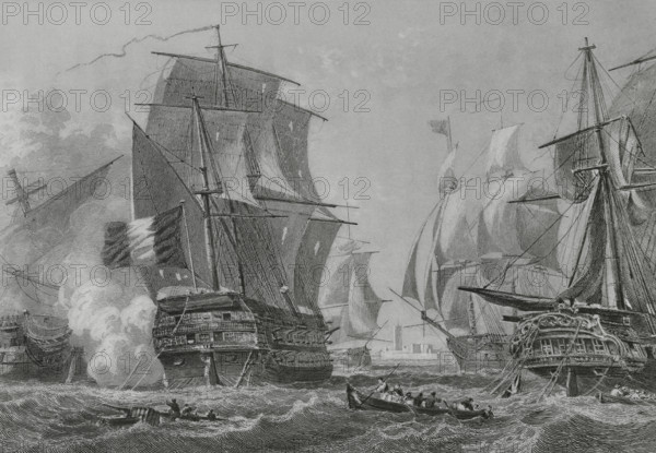 French Revolutionary Wars. Battle of Algeciras (6 July 1801). Naval battle between a squadron of British Royal Navy ships-of-the-line and a squadron of the French Navy anchored in the fortified Spanish port of Algeciras, in the Strait of Gibraltar. Combat action by Captain Amable Troude (1762-1824). Drawing by Morel Fatio. Engraving by John Outhwaite. ""Histoire du Consulat et de l'Empire"" (History of the Consulate and the Empire of France under Napoleon), by A. Thiers. Volume III. Published in Paris, 1845.