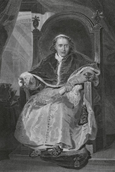 Pius VII (1742-1829). Italian Pope (1800-1823), born Barnaba (Gregorio) Chiaramonti. Portrait. Engraving by Tavernier after a portrait by Thomas Lawrence (1769-1830). ""Histoire du Consulat et de l'Empire"" (History of the Consulate and the Empire of France under Napoleon), by A. Thiers. Volume III. Published in Paris, 1845.