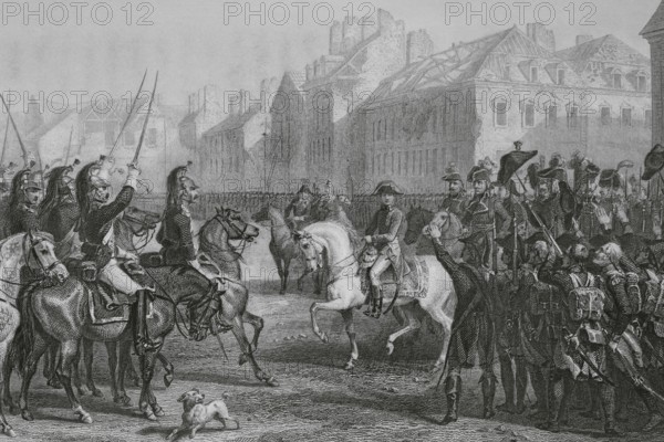 First French Republic (1792-1804). French Revolutionary Wars. Napoleon reviewing the French army in Lyon for the Egyptian campaign (Armee d'Orient). The French Directory organised a military contingent, under the command of Napoleon Bonaparte, to be deployed in Ottoman Egypt in 1798. The mission consisted of blocking Britain's route to its colonies in India. Drawing by Karl Girardet. Engraving by Rouargue. ""Histoire du Consulat et de l'Empire"" (History of the Consulate and the Empire of France under Napoleon), by A. Thiers. Volume III. Published in Paris, 1845.