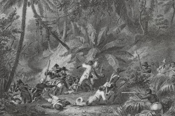 Haitian Revolution (1791-1804). Revolutionary movement in the French colonies, culminating in the abolition of slavery in the French colony of Saint-Domingue and the proclamation of the First Empire of Haiti (1804-1806). Battle of Ravine-à-Couleuvres. Combat between French troops sent by Napoleon and Haitian rebel troops, 23 February 1802. Drawing by Karl Girardet. Engraving by Outhwaite. ""Histoire du Consulat et de l'Empire"" (History of the Consulate and the Empire of France under Napoleon), by A. Thiers. Volume IV. Published in Paris, 1845.