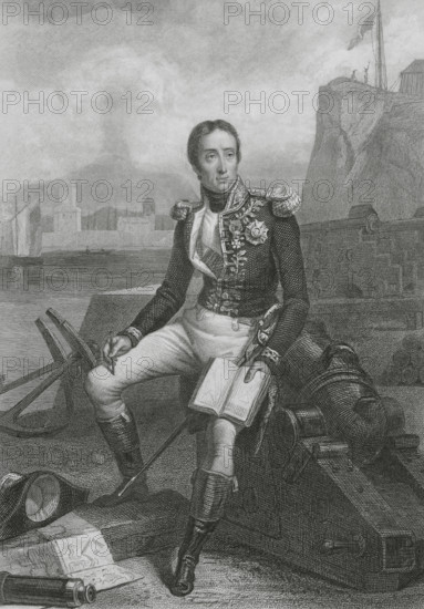 Etienne Eustache Bruix (1759-1805). French Navy admiral. Minister of the Navy and the Colonies (1798-1799). Portrait. Drawing by Eugene Charpentier. Engraving by Geoffroy. ""Histoire du Consulat et de l'Empire"" (History of the Consulate and the Empire of France under Napoleon), by A. Thiers. Volume IV. Published in Paris, 1845.