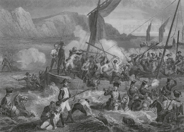 Napoleonic Wars. During 1804 and 1805, Napoleon Bonaparte gathered the Grande Armee in the French town of Boulogne (Boulogne-sur-Mer), with the goal of launching the invasion of England from there. Combat on the beach at Boulogne, 1804. Drawing by Eugene Charpentier. Engraving by Beyer. ""Histoire du Consulat et de l'Empire"" (History of the Consulate and the Empire of France under Napoleon), by A. Thiers. Volume IV. Published in Paris, 1845.