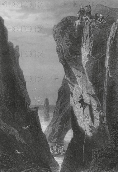 Georges Cadoudal (1771-1804). French counter-revolutionary politician. Chouan general, commander of the Catholic and Royal Army of Brittany (Armee catholique et royale de Bretagne). Early on the morning of 23 August 1803, the brigantine ""HMS Vincejo"" landed Georges Cadoudal with other Chouans at the foot of the cliffs of Biville. It was a conspiracy to kidnap or assassinate Napoleon Bonaparte on his way to Malmaison. The attempt failed. Cadoudal was arrested, tried, sentenced to death and guillotined in Paris along with several of the conspirators. Climbing the Biville cliff. Drawing by Karl Girardet. Engraving by John Outhwaite. ""Histoire du Consulat et de l'Empire"" (History of the Consulate and the Empire of France under Napoleon), by A. Thiers. Volume IV. Published in Paris, 1845.