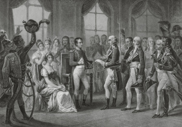 Napoleon I Bonaparte (1769-1821). Consul for Life (1802) and Emperor of the French (1804-1815). On 18 May 1804, Napoleon was proclaimed Emperor of the French at Chateau de Saint-Cloud. Scene of the proclamation ceremony. Drawing by Eugene Charpentier. Engraving by T. Goutiere. ""Histoire du Consulat et de l'Empire"" (History of the Consulate and the Empire of France under Napoleon), by A. Thiers. Volume V. Published in Paris, 1845.