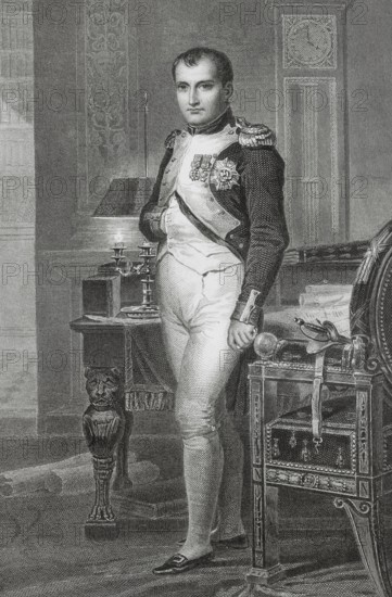 Napoleon I Bonaparte (1769-1821). Consul for Life (1802) and Emperor of the French (1804-1815). Engraving by Vallot after a portrait by Jacques-Louis David. ""Histoire du Consulat et de l'Empire"" (History of the Consulate and the Empire of France under Napoleon), by A. Thiers. Volume V. Published in Paris, 1845.
