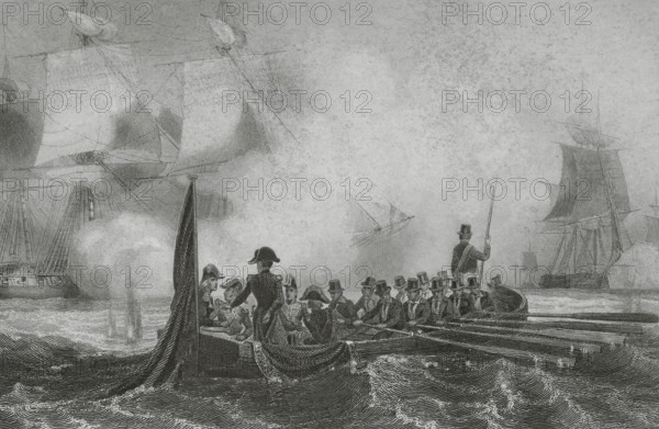 Napoleonic Wars. Napoleon facing the fire of an English frigate, 1804. Boulogne-sur-Mer, France. Drawing by Karl Girardet and Morel Fatio. Engraving by Jean Outhwaite. ""Histoire du Consulat et de l'Empire"" (History of the Consulate and the Empire of France under Napoleon), by A. Thiers. Volume V. Published in Paris, 1845.