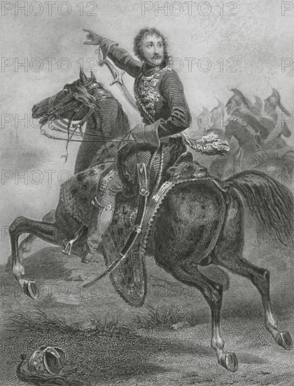 Joachim Murat (1767-1815). French political and military, King of Naples under the name of Joachim I (1808-1815). Murat at the Battle of Wertingen (8 October 1805). War of the Third Coalition. French Imperial forces led by Marshals Joachim Murat and Jean Lannes defeated a small Austrian corps commanded by Lieutenant field marshal Franz Xaver von Auffenberg. Drawing by Charpentier. Engraving by Geoffroy. ""Histoire du Consulat et de l'Empire"" by A. Thiers. Volume VI. Published in Paris, 1847.