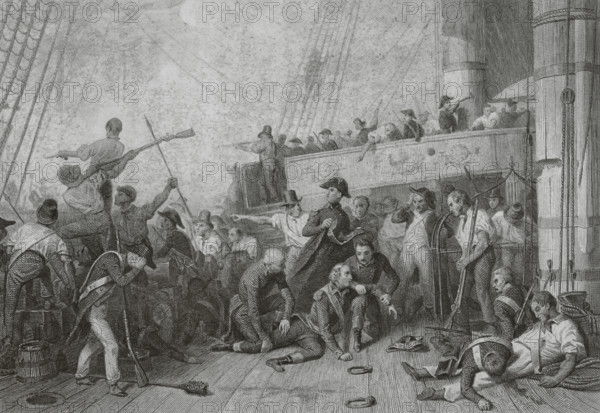Death of Counter admiral Magon (1763-1805) at the Battle of Trafalgar, 21 October 1805, in command of the French ship of the line ""Algesiras"". Drawing by Karl Girardet. Engraving by Paul Girardet. ""Histoire du Consulat et de l'Empire"" (History of the Consulate and the Empire of France under Napoleon), by A. Thiers. Volume VI. Published in Paris, 1847.