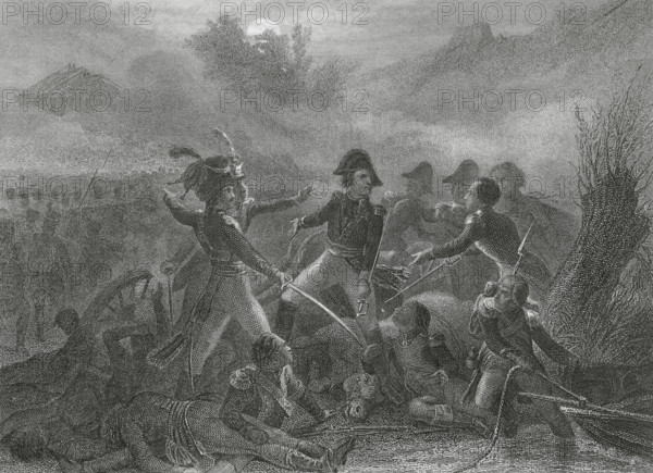 Napoleonic Wars. Marshal Edouard Mortier (1768-1835) at the Battle of Durenstein (11 November 1805), during the War of the Third Coalition. Drawing by A. Sandoz. Engraving by John Outhwaite. ""Histoire du Consulat et de l'Empire"" (History of the Consulate and the Empire of France under Napoleon), by A. Thiers. Volume VI. Published in Paris, 1847.