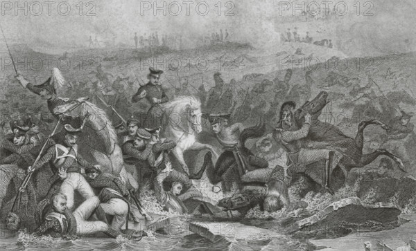 Battle of Austerlitz or Battle of the Three Emperors (2nd December 1805). Part of War of the Third Coalition (Napoleonic Wars). The French army of Napoleon I defeated the Russo-Austrian forces of Tsar Alexander I and the Austrian Emperor Francis I. Drawing by Karl Girardet. Engraving by Paul Girardet. ""Histoire du Consulat et de l'Empire"" (History of the Consulate and the Empire of France under Napoleon), by A. Thiers. Volume VI. Published in Paris, 1847.
