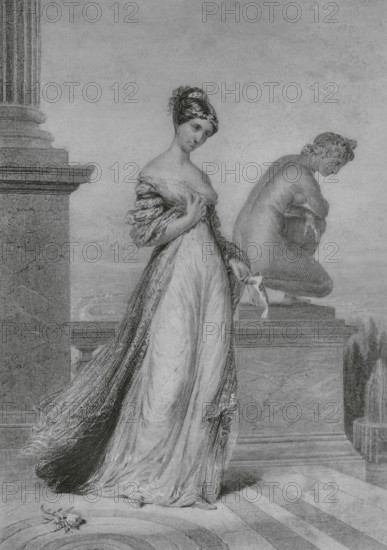 Pauline Bonaparte (Maria Paoletta Buonaparte) (1780-1825), also known as Paulina Borghese. French princess, sister of Napoleon Bonaparte. Portrait. Drawing by A. Sandoz. Engraving by Pannier. ""Histoire du Consulat et de l'Empire"" (History of the Consulate and the Empire of France under Napoleon), by A. Thiers. Volume VI. Published in Paris, 1847.