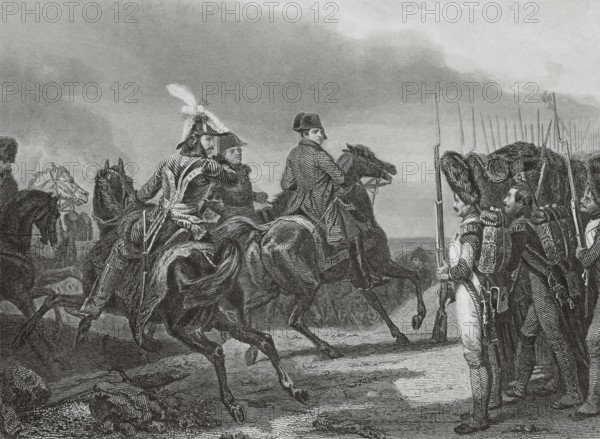 Battle of Jena (14 October 1806). The French army under Napoleon defeated the Prussian troops commanded by Frederick William III of Prussia. Napoleon I at the Battle of Jena. Napoleon reviewing the Imperial Guard. The scene depicts Napoleon attending to the salute of a Grenadier of the Imperial Guard. Murat is shown riding behind him. Drawing by Edouard Girardet after the painting by Horace Vernet. Engraving by Paul Girardet. ""Histoire du Consulat et de l'Empire"" (History of the Consulate and the Empire of France under Napoleon), by A. Thiers. Volume VII. Published in Paris, 1847.