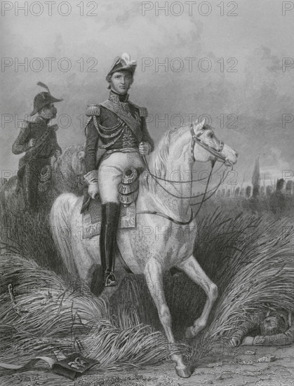 Louis-Nicolas Davout (1770-1823). French military officer and Marshal of the Empire in 1804. Duke of Auerstaedt and Prince of Eckmuhl. Equestrian portrait. Drawing by Karl Girardet. Engraving by Paul Girardet. ""Histoire du Consulat et de l'Empire"" (History of the Consulate and the Empire of France under Napoleon), by A. Thiers. Volume VII. Published in Paris, 1847.