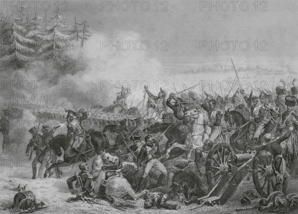 Napoleonic Wars. Battle of Eylau (7-8 February 1807). The French army engaged in heavy fighting with the allied Russian and Prussian army, which was eventually forced to withdraw from the battlefield. Charge of the cuirassiers at Eylau. Drawing by Eugene Charpentier. Engraving by Beyer and John Outhwaite. ""Histoire du Consulat et de l'Empire"" (History of the Consulate and the Empire of France under Napoleon), by A. Thiers. Volume VII. Published in Paris, 1847.