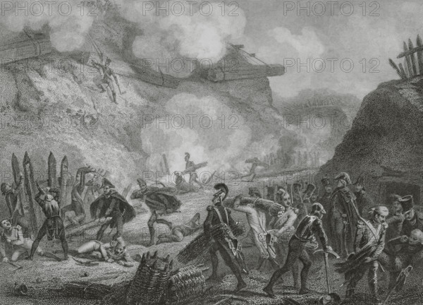Napoleonic Wars. War of the Fourth Coalition. Siege of Danzig (19 March to 24 May 1807). The French army under Marshal Lefebvre encircled the Prussian troops commanded by Marshal Kalckreuth, which were garrisoning the town of Danzig. Works during the siege. Drawing by Eugene Charpentier. Engraving by Beyer and John Outhwaite. ""Histoire du Consulat et de l'Empire"" (History of the Consulate and the Empire of France under Napoleon), by A. Thiers. Volume VII. Published in Paris, 1847.