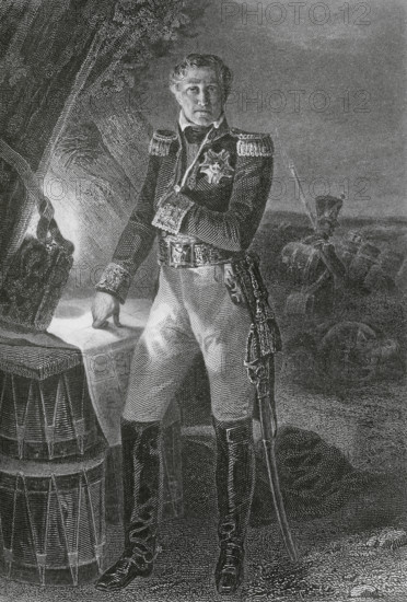 Laurent de Gouvion-Saint-Cyr (1764-1830). French military. He took part in the French Revolutionary Wars and the Napoleonic Wars. In 1812 he was promoted to Marshal of the Empire. Drawing by Massard after a portrait by Horace Vernet. Engraving by Tavernier. ""Histoire du Consulat et de l'Empire"" (History of the Consulate and the Empire of France under Napoleon), by A. Thiers. Volume VIII. Published in Paris, 1849.