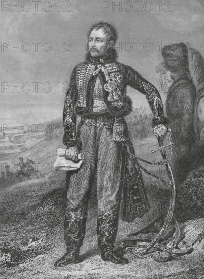 Antoine Charles Louis de Lasalle (1775-1809). French cavalry general. Drawing by A. Sandoz after the portrait of Antoine-Jean Gros, 1808. Engraving by Tavernier. ""Histoire du Consulat et de l'Empire"" (History of the Consulate and the Empire of France under Napoleon), by A. Thiers. Volume VIII. Published in Paris, 1849.