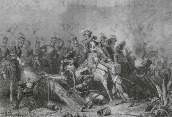 Peninsular War. Battle of Somosierra (Spain) (November 30, 1808). Polish cavalry, commanded by Jan Kozietulsk, fighting against the Spanish troops of General Benito de San Juan. Polish Chevau-legers of the Imperial Guard fighting alongside the French in battle. Drawing by Karl Girardet. Engraving by Paul Girardet. ""Histoire du Consulat et de l'Empire"" (History of the Consulate and the Empire of France under Napoleon), by A. Thiers. Volume IX. Published in Paris, 1849.