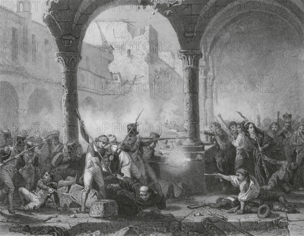 Spanish War of Independence (1808-1814). First Siege of Zaragoza (15 June to 14 August 1808). Taking of the Capuchin Convent by the French army (2 August 1808). Drawing by Karl Girardet. Engraving by Paul Girardet. ""Histoire du Consulat et de l'Empire"" (History of the Consulate and the Empire of France under Napoleon), by A. Thiers. Volume IX. Published in Paris, 1849.