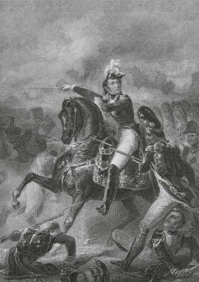 Jean Lannes (1769-1809). French marshal. Marshal Lannes at the Battle of Aspern-Essling (21-22 May 1809). Drawing by Auguste Sandoz. Engraving by Outhwaite. ""Histoire du Consulat et de l'Empire"" (History of the Consulate and the Empire of France under Napoleon), by A. Thiers. Volume X. Published in Paris, 1851.