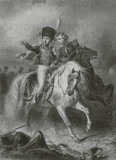 Eugene de Beauharnais (1781-1824). Member of the French royal family, first-born son of the marriage between Josephine de Beauharnais and Viscount Alexandre de Beauharnais, stepson of Napoleon. Prince of Venice. Military commander who served during the French Revolutionary Wars and the Napoleonic Wars. Portrait. Drawing by A. Sandoz. Engraving by John Outhwaite. ""Histoire du Consulat et de l'Empire"" (History of the Consulate and the Empire of France under Napoleon), by A. Thiers. Volume X. Published in Paris, 1851.