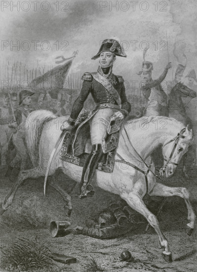 Etienne Macdonald (Etienne-Jacques-Joseph-Alexandre Macdonald) (1765-1840). French general. Marshal of the Empire since 1809. Equestrian portrait. Drawing by Eugene Charpentier. Engraving by Paul Girardet. ""Histoire du Consulat et de l'Empire"" (History of the Consulate and the Empire of France under Napoleon), by A. Thiers. Volume X. Published in Paris, 1851.