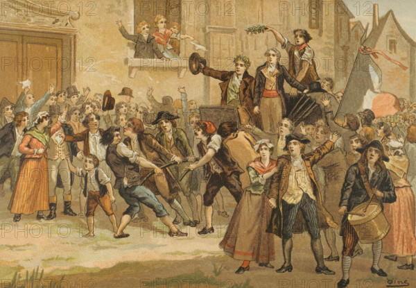 French Revolution. Triumph of Marat and Robespierre, 24 April 1793. Chromolithography by Vicente Gine. ""Los Girondinos"" (Revolucion Francesa) (The Girondins, French Revolution), by A. de Lamartine. Volume I. Published in Barcelona, 1904.
