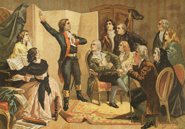 Rouget de Lisle (Claude Joseph Rouget de Lisle) (1760-1836). French officer in the Army of the Rhine. Famous for composing ""La Marseillaise"". The first performance of the piece took place on 26 April 1792, in the salon of Baron Frederic de Dietrich, Mayor of Strasbourg. The ""Chant de guerre pour l'armee du Rhin"" (War Song for the Army of the Rhine), the hymn of the Marseillais volunteers, became known as ""La Marseillaise"". On 14 March 1879 it became the national anthem of France. Rouget de Lisle singing La Marseillaise for the first time, at Dietrich's house. Chromolithography by Vicente Gine. ""Los Girondinos"" (Revolucion Francesa) (The Girondins, French Revolution), by A. de Lamartine. Volume I. Published in Barcelona, 1904.