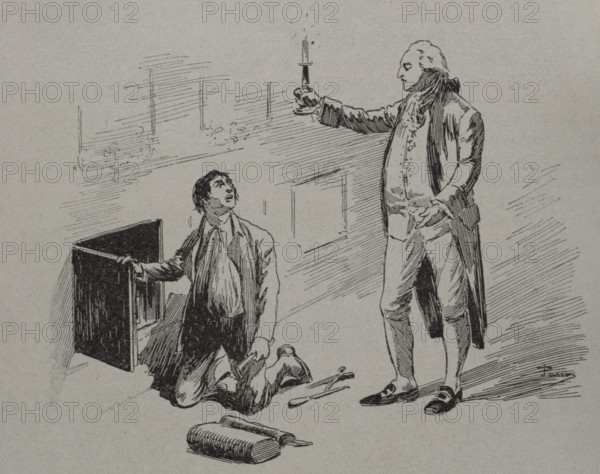 Louis XVI (1754-1793). King of France (1774-1792). Louis XVI illuminating the locksmith Francois Gamain during the making of the ""armoire de fer"" (iron chest). Secret documents were kept in this space hidden behind a wooden panel at the king's apartments in the Tuileries Palace. Engraving. ""Los Girondinos"" (Revolucion Francesa) (The Girondins, French Revolution), by A. de Lamartine. Volume I. Published in Barcelona, 1904.