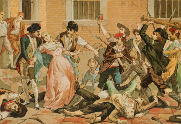 French Revolution. September Massacres (2 to 6 September 1792). The revolutionaries executed mass murders among the prison population all over France, mainly in Paris. Murder of the Princesse de Lamballe (Marie Therese Louise of Savoy) (1749-1792), 3 September 1792. Chromolithography. ""Los Girondinos"" (Revolucion Francesa) (The Girondins, French Revolution), by A. de Lamartine. Volume I. Published in Barcelona, 1904.