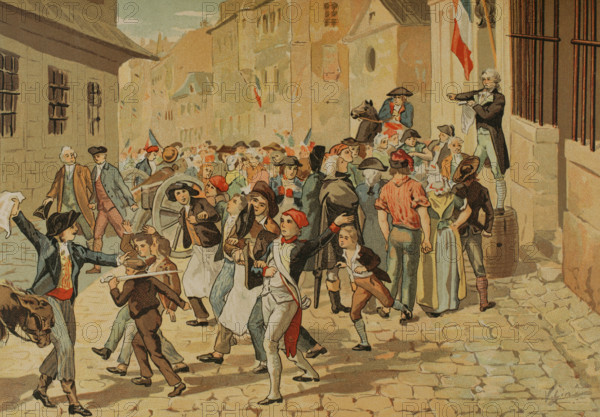 French Revolution. Proclamation of the First French Republic, 21 September 1792. Chromolithography by Vicente Gine. ""Los Girondinos"" (Revolucion Francesa) (The Girondins, French Revolution), by A. de Lamartine. Volume I. Published in Barcelona, 1904.