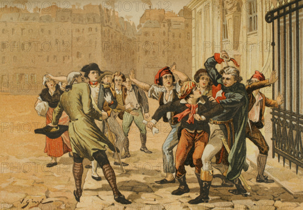 Francois Joseph Westermann (1751-1794). General de Brigade during the French Revolution. He played a leading role in the overthrow of the French monarchy on 10 August 1792, where he commanded a unit of federes (federates) in the attack on the Tuileries Palace. Rejoining the army, he accompanied General Charles Francois Dumouriez in his campaigns with the Army of the North and the Army of the Ardennes, and assisted him in his negotiations with the Duke of Brunswick. He served under Dumouriez in the invasion of the Netherlands, although he was arrested for treason as an accomplice after Dumouriez's desertion in April 1793. Denounced by Jean-Paul Marat to the National Convention, Westermann succeeded in proving his innocence and was sent with the rank of brigadier general to quell the revolt in the Vendee. Westermann striking Marat's back with his sabre, an incident that took place in the streets of Paris. Chromolithography by Vicente Gine. ""Los Girondinos"" (Revolucion Francesa) (The Gi...