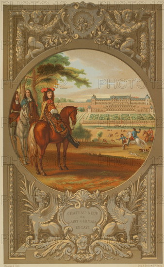 Louis XIV, known as ""the Sun King"" (1638-1715). King of France (1643-1715). Louis XIV, next to Turenne, taking part in a bird hunting, with a view of Chateau-Neuf (royal residence between 1659 and 1680) and the terraces of Saint-Germain-en-Laye, in 1669. Lithograph by Gaulard based on a painting by Flemish painter Adam Frans van der Meulen (1632-1690). Chromolithography. XVIIme siecle: lettres, sciences et arts, France 1590-1700 (17th century: letters, sciences and arts), by Paul Lacroix. Published in Paris by Librairie de Firmin-Didot et Cie, 1882.