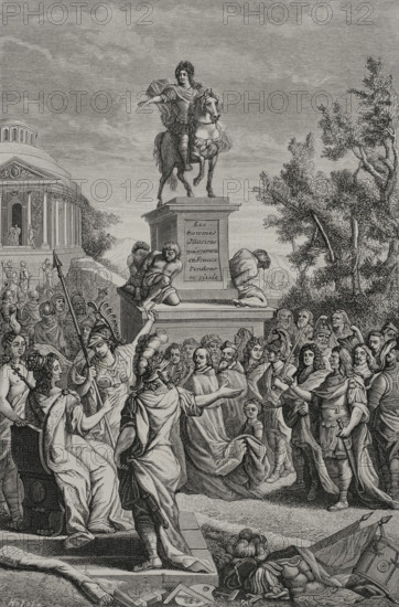 Le Ciel en sa faueur forma tant de grands hommes"" (Heaven in his favor formed so many great men). Engraving by Huyot after Gerard Edelinck (1640-1707). Illustration for the frontispiece of Charles Perrault's (1628-1703) work ""Les Hommes Illustres qui ont paru en France pendant ce siecle"" (The Illustrious Men who appeared in France during this century), published in Paris, chez Antoine Dezallier, 1696. XVIIme siecle: lettres, sciences et arts, France 1590-1700 (17th century: letters, sciences and arts), by Paul Lacroix. Published in Paris by Librairie de Firmin-Didot et Cie, 1882.