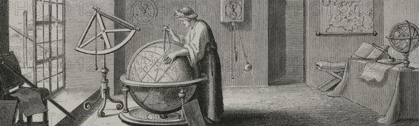Jean Richer (1630-1696). French astronomer of the Paris Observatory. He was the first scientist to observe that gravitational force was not identical at all points on Earth. Astronomical and gravimetric observations from the island of Cayenne (French Guiana), where Jean Ritcher was sent by the French Academy of Sciences in 1672 to observe Mars during its perigee. Engraving by Sebastien Leclerc (1637-1714). XVIIme siecle: lettres, sciences et arts, France 1590-1700 (17th century: letters, sciences and arts), by Paul Lacroix. Published in Paris by Librairie de Firmin-Didot et Cie, 1882.