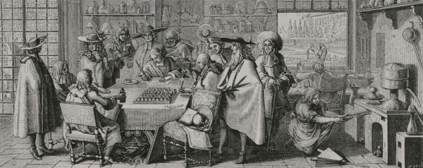 Paris, France. Academy session in the Jardin du Roi (Jardin des plantes). It was created in 1626. Engraving by Huyot after Sebastien Leclerc (1637-1714). XVIIme siecle: lettres, sciences et arts, France 1590-1700 (17th century: letters, sciences and arts), by Paul Lacroix. Published in Paris by Librairie de Firmin-Didot et Cie, 1882.