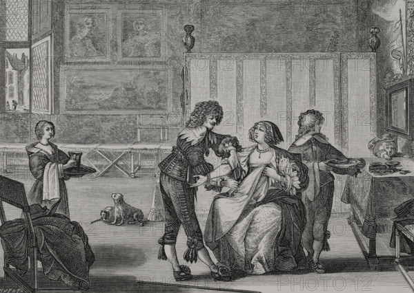 The surgeon. Preparation of a woman for bloodletting by venesection, 1632. Engraving by Huyot after Abraham Bosse (c. 1604-1676). XVIIme siecle: lettres, sciences et arts, France 1590-1700 (17th century: letters, sciences and arts), by Paul Lacroix. Published in Paris by Librairie de Firmin-Didot et Cie, 1882.